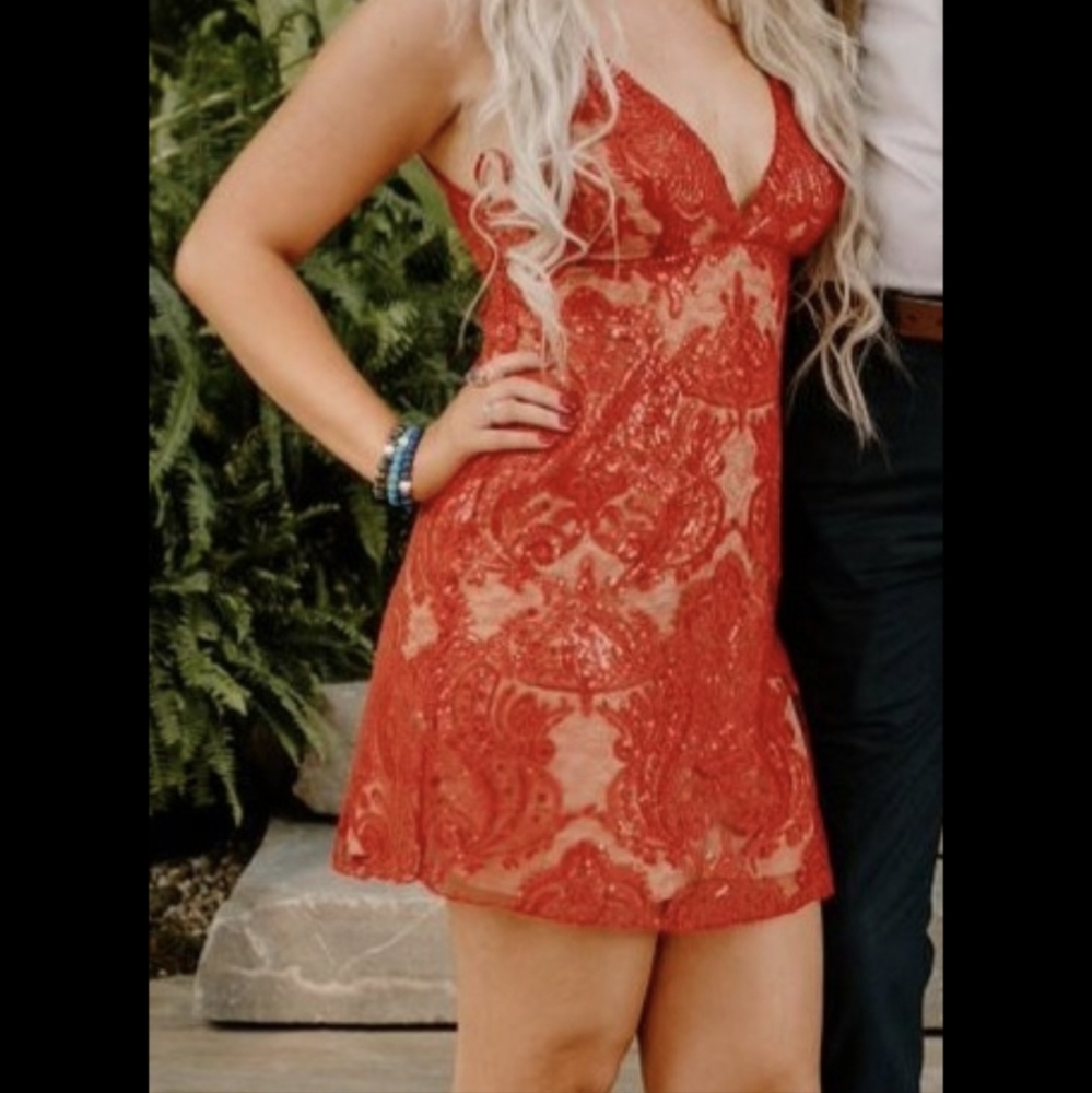 Free People Red Lace Sequin Dress